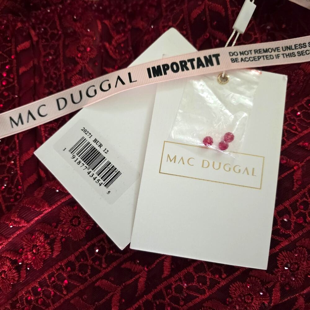 Mac Duggal Dress 12 Red Formal 20271 Embellished Long Sleeve Burgundy Gown - Picture 3 of 12